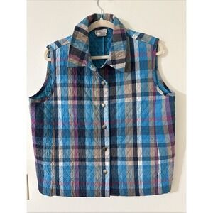 Company Collection Blue Plaid Quilted Vest Women's Size Large